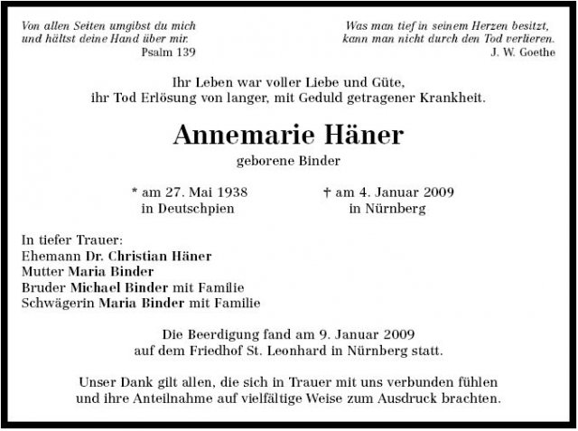 Binder Anna Maria 1938-2009 Todesanzeige